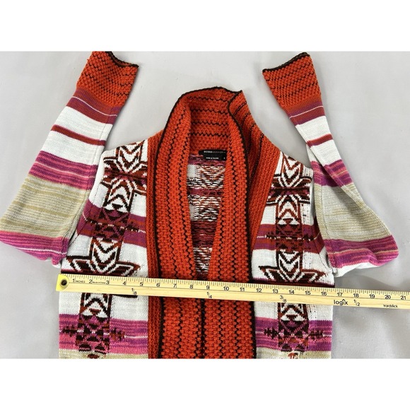 BCBG MAXAZRIA Women's S Open Sweater Cardigan Red-Orange White Southwest Western - Picture 7 of 11